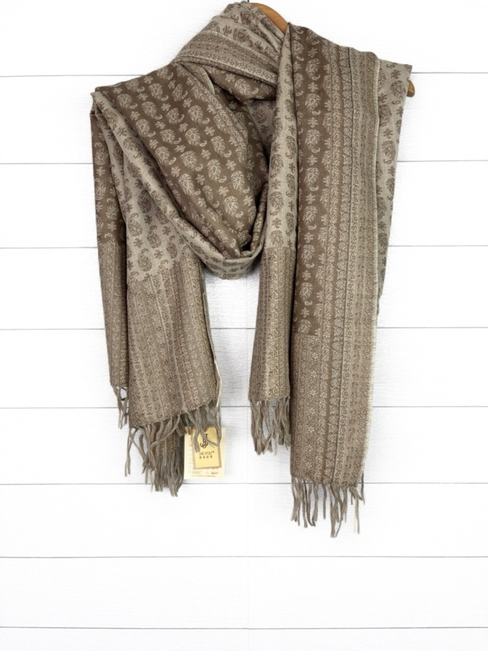 NWT Jane Story Wool Scarf Tan Print Fringe Brand New
